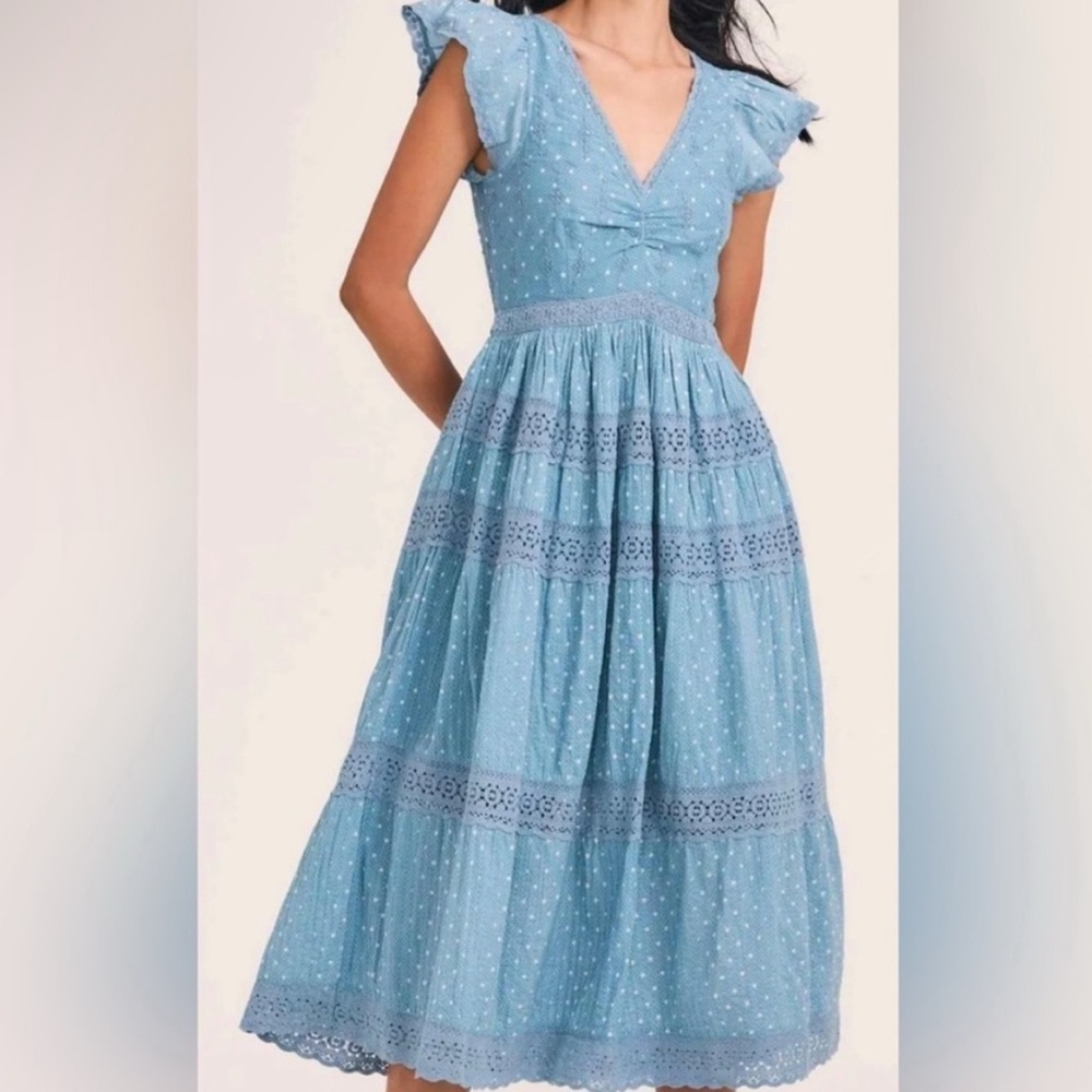 LoveShackFancy Blue Lace Trim Midi Dress - Size 4